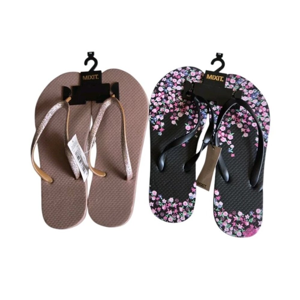 Lot Of 2 Pairs Mixit Flip Flops Womens 7/8 Floral Print Gray Glitter Sandals